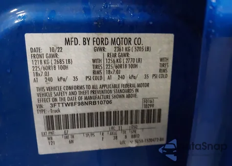 2022 Ford Maverick Lariat из США, поврежденный, VIN 3FTTW8F98NRB10706